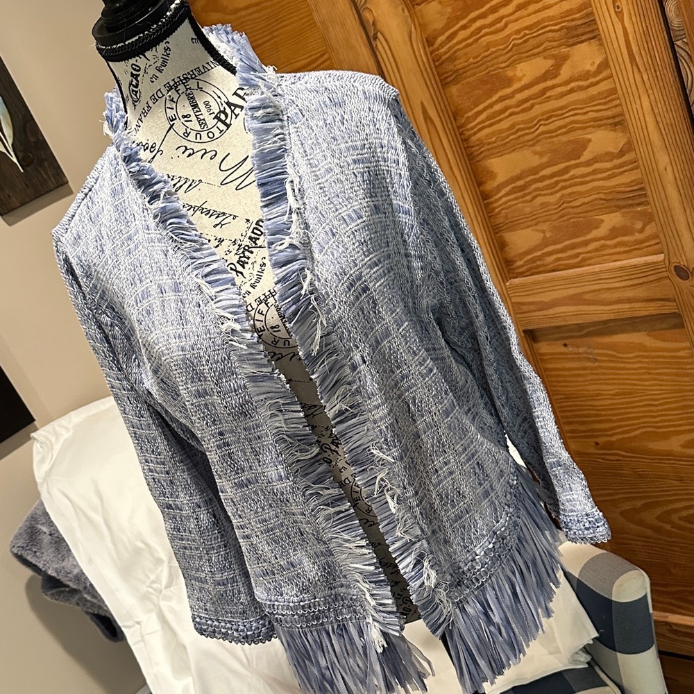 White House Black Market Fringed Blue and White Open Cardigan